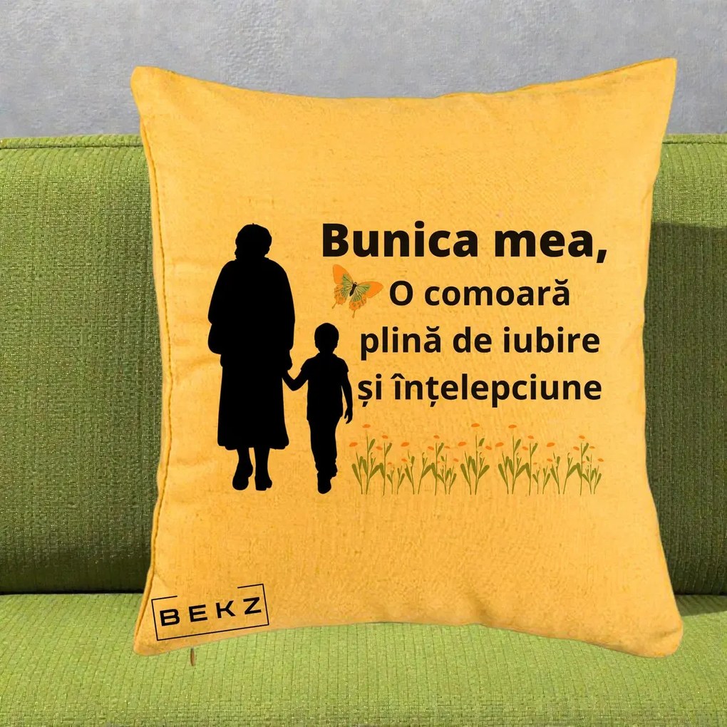Cadou pentru Bunica - Perna Personalizata Bunica Mea Comoara cu Fluture si Baietel, 40x40 cm, Galben, Husa Detasabila, Perna Inclusa, BEKZ®
