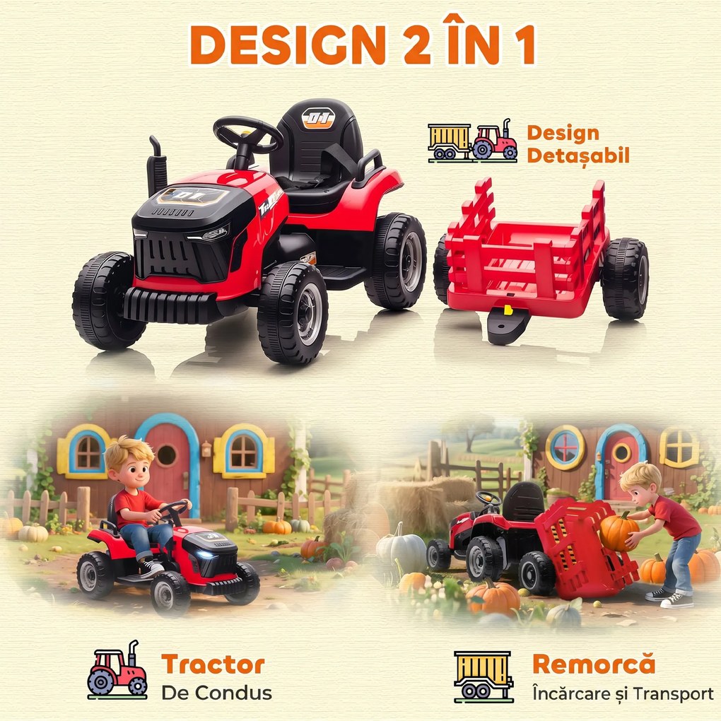 AIYAPLAY 2 în 1 Tractor Electric pentru Copii 3-8 Ani cu Remorcă Detașabilă, Telecomandă, Muzică, Lumini, Roșu | Aosom Romania