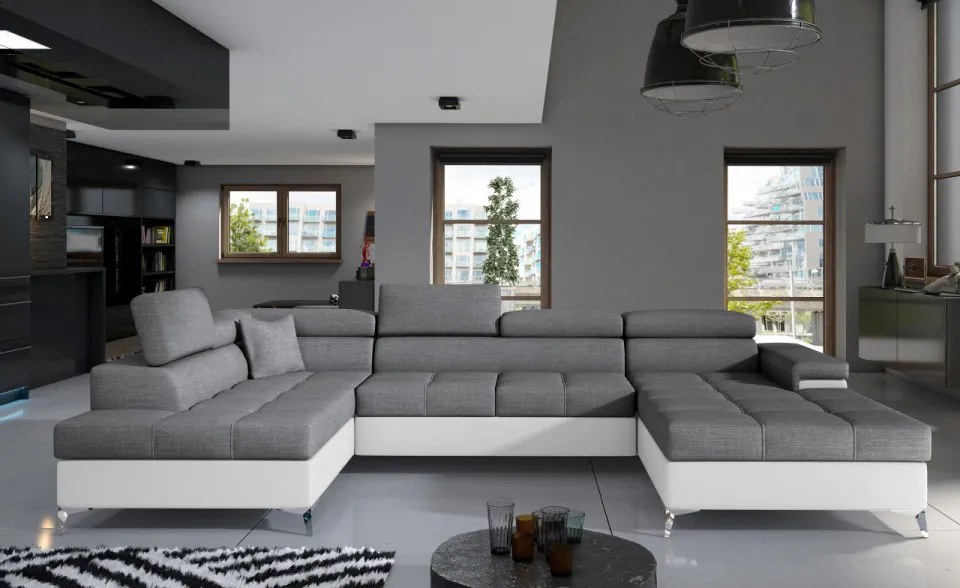 Canapea modulara, extensibila, cu spatiu pentru depozitare, 345x202x90 cm, Eduardo L03, Eltap (Culoare: Gri deschis texturat / Gri inchis piele)