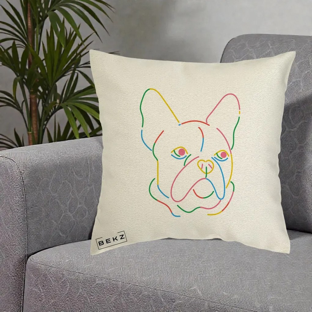 Perna Decorativa Bulldog Francez Line Art Curcubeu, 40x40 cm, Ecru, Husa Detasabila, Perna Inclusa, BEKZ®