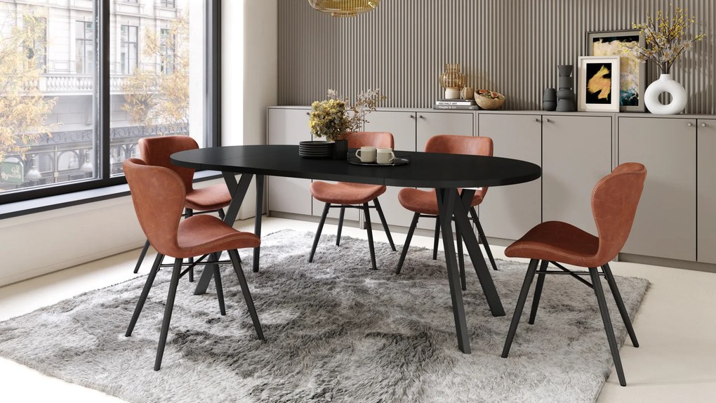 Mazzoni ALMO Negru/picioare negre - MASĂ ROTUNDĂ EXTENSIBILĂ CU PICIOARE ÎN FORMĂ DE Y STIL LOFT PENTRU SALON/SUFRAGERIE