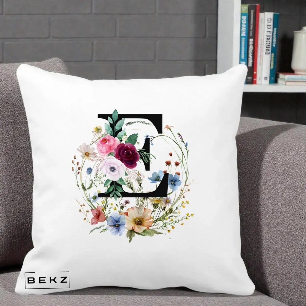 Cadou Personalizat - Perna Personalizata Monogram Litera E cu Flori Acuarela, 40x40 cm, Alba Mata, Husa Detasabila, Perna Inclusa, BEKZ®