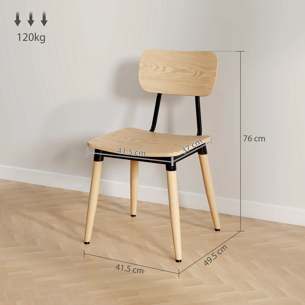 HOMCOM Lot de 2 scaune de dining moderne cu picioare din oțel și spătar curbat, aspect lemn natural | Aosom Romania