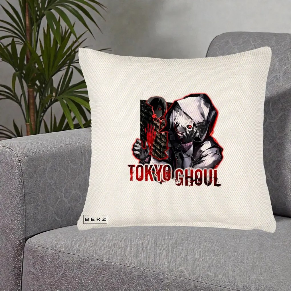 Perna Personalizata Tokyo Ghoul Ken Kaneki Anime, 40x40 cm, Crem Reliefat, Husa Detasabila, Perna Inclusa, BEKZ®