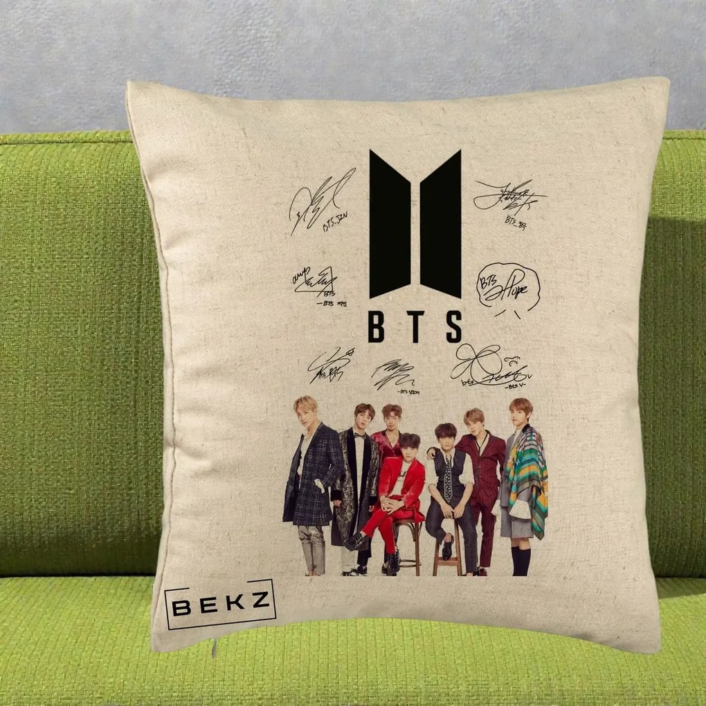 Perna Personalizata K-pop BTS Semnaturi Foto, 40x40 cm, Bej, Husa Detasabila, Perna Inclusa, BEKZ®
