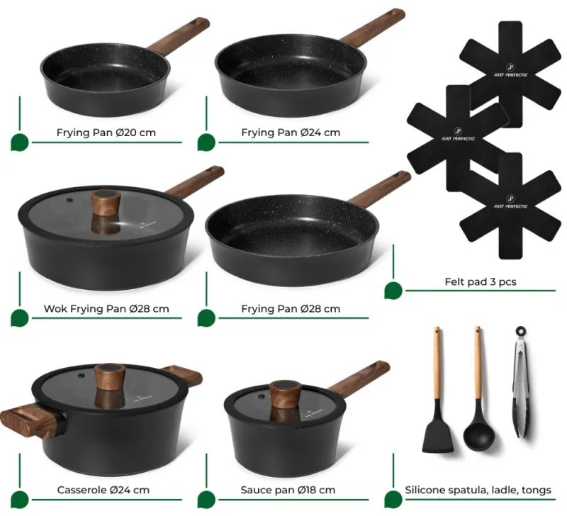 Set de oale si tigai Just Perfecto JL-111, 15 piese, Acoperire din granit, Inductie, Ustensile, Negru