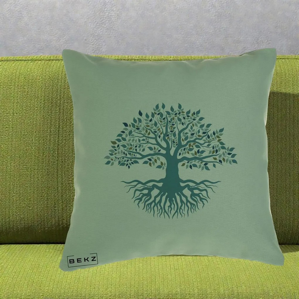 Perna Decorativa Copacul Vietii Teal cu Radacini, 40x40 cm, Verde, Husa Detasabila, Perna Inclusa, BEKZ®