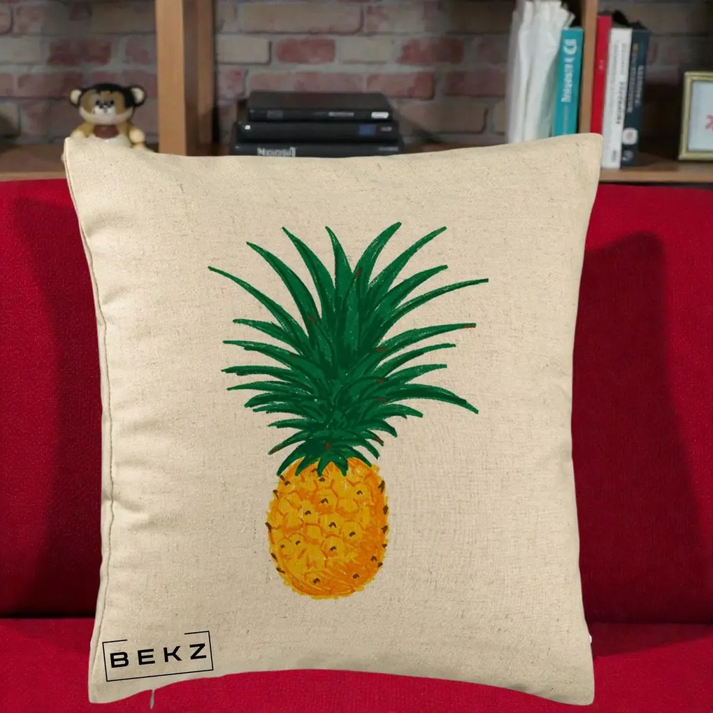 Perna Decorativa Ananas Tropical, 40x40 cm, Bej, Husa Detasabila, Perna Inclusa, BEKZ®