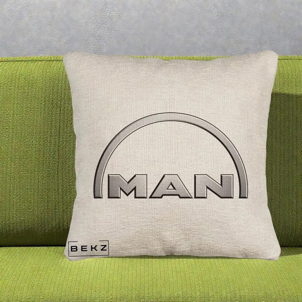 Perna Personalizata cu emblema MAN, 40x40 cm, Bej Canapea, Husa Detasabila, Perna Inclusa, BEKZ®