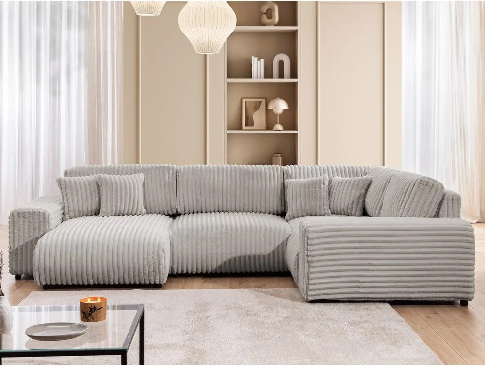 Colțar gri deschis cu tapițerie din catifea reiată (cu colț pe partea dreaptă/în formă de "U") Justin – Ropez