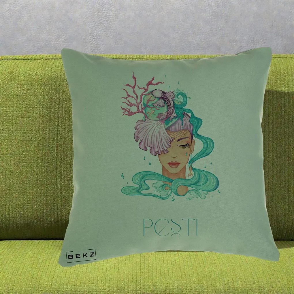 Perna Personalizata Zodiac Pesti Cowgirl, 40x40 cm, Verde, Husa Detasabila, Perna Inclusa, BEKZ®