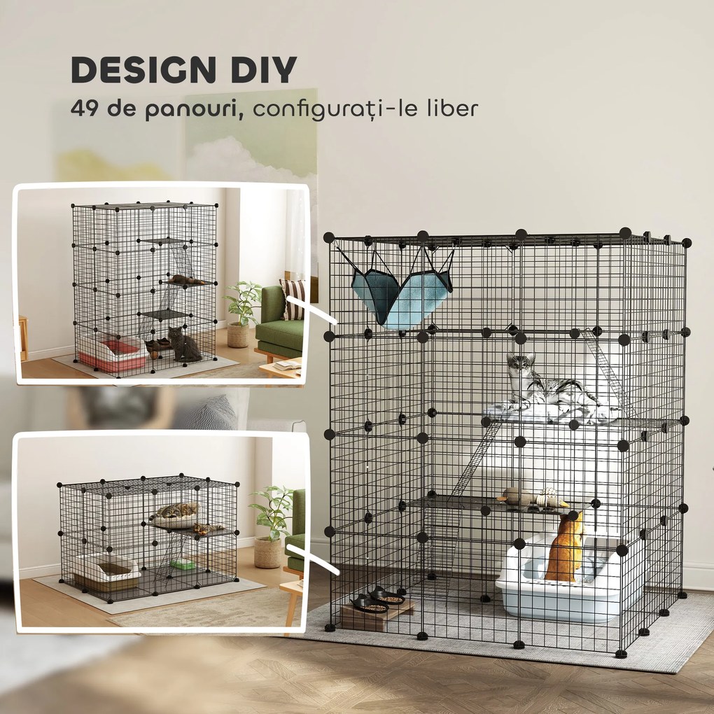 PawHut Căsuță pentru Pisici cu 4 Nivele, 3 Platforme de Sărit, Rampe, 5 Uși și Covoare Antiderapante, 105x105x140 cm, Negru | Aosom Romania