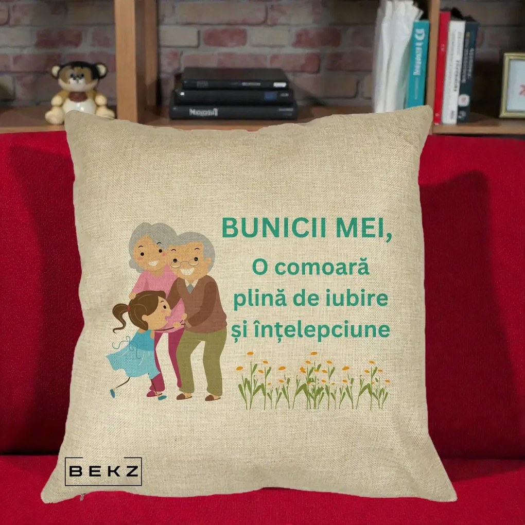 Cadou pentru Bunici - Perna Personalizata Bunicii Mei Comoara Iubire Intelepciune Nepoata, 40x40 cm, Crem, Husa Detasabila, Perna Inclusa, BEKZ®