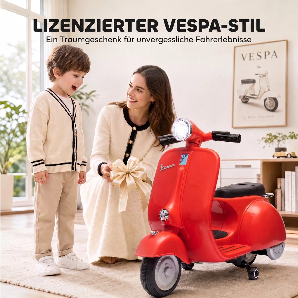 AIYAPLAY Motocicletă Electrică pentru Copii 3+ Ani, licență VESPA, 6V, cu roți ajutătoare detașabile, max. 30 kg, Roșu | Aosom Romania