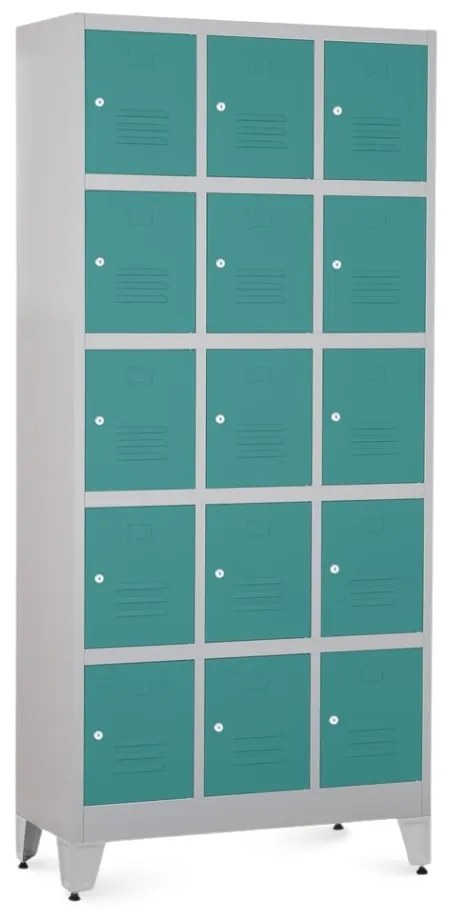 Dulap metalic - 15 cutii, 90 x 40 x 196,5 cm, picioare reglabile, încuietoare cilindrică, verde - ral 6033