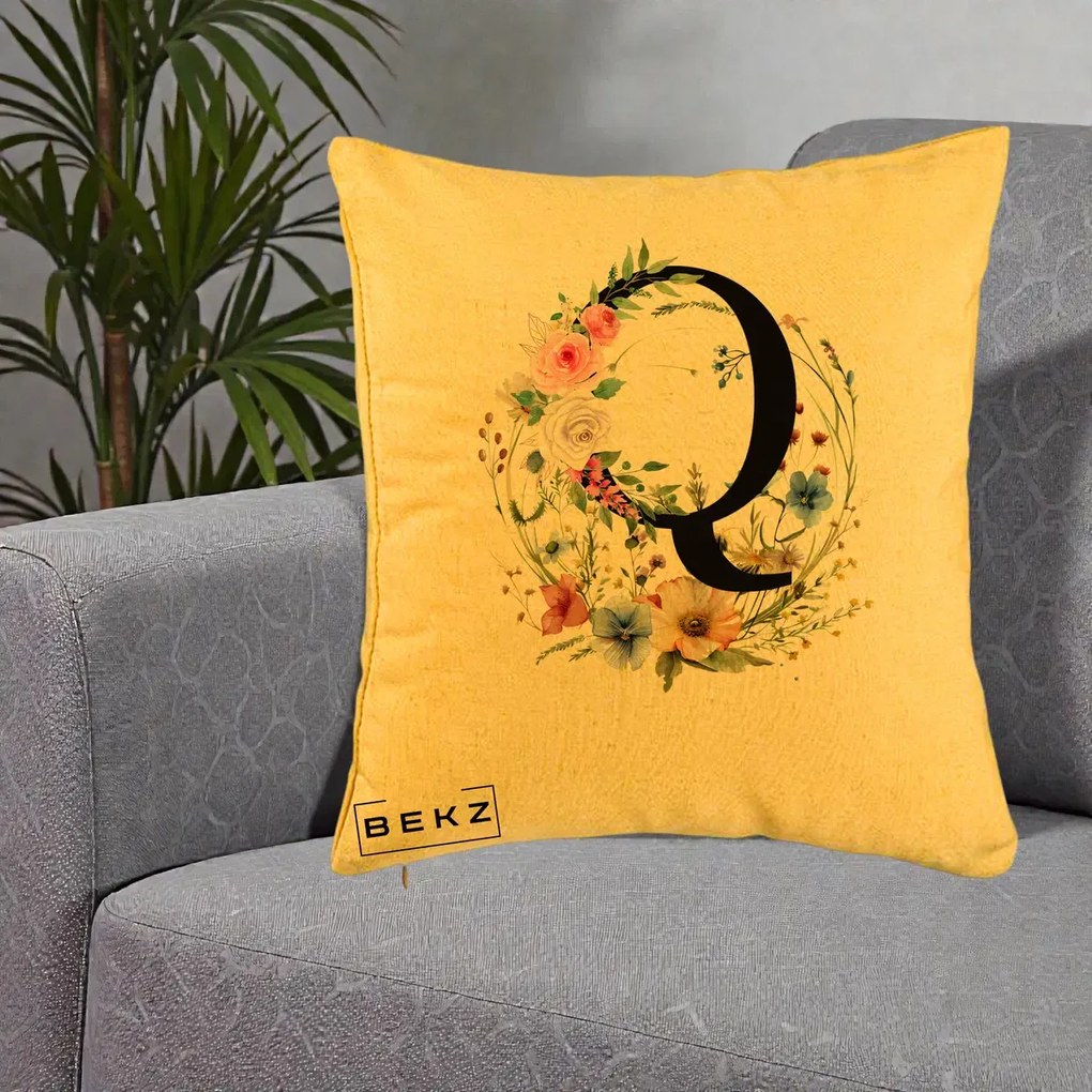 Cadou Personalizat - Perna Personalizata Monogram Litera Q cu Flori Acuarela, 40x40 cm, Galben, Husa Detasabila, Perna Inclusa, BEKZ®