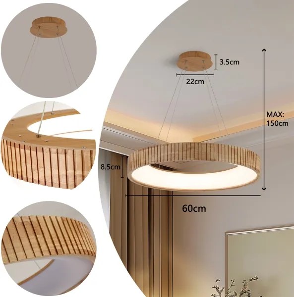 Brilagi - Lustră suspendată LED FALCON WOOD MODERN, 40 W, 230 V, Ø 60 cm, lemn