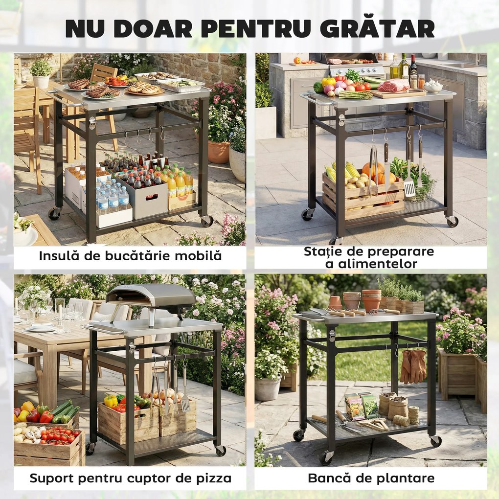 Outsunny Troller pentru Grătar de Exterior cu Blat din Oțel Inoxidabil, 4 Cârlige, Mâner și Roți Blocabile, Negru | Aosom Romania