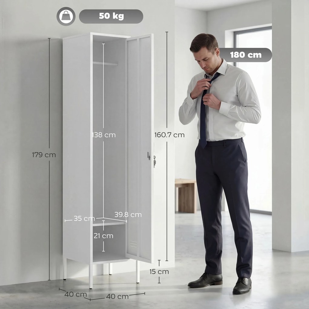 HOMCOM Dulap Metalic Slim cu Ușă Blocabilă și Suport pentru Etichete, Dulap Multi-Funcțional cu Bară pentru Haine, Rafturi, pentru Casă sau Birou, 40x40x179 cm, Alb | Aosom Romania