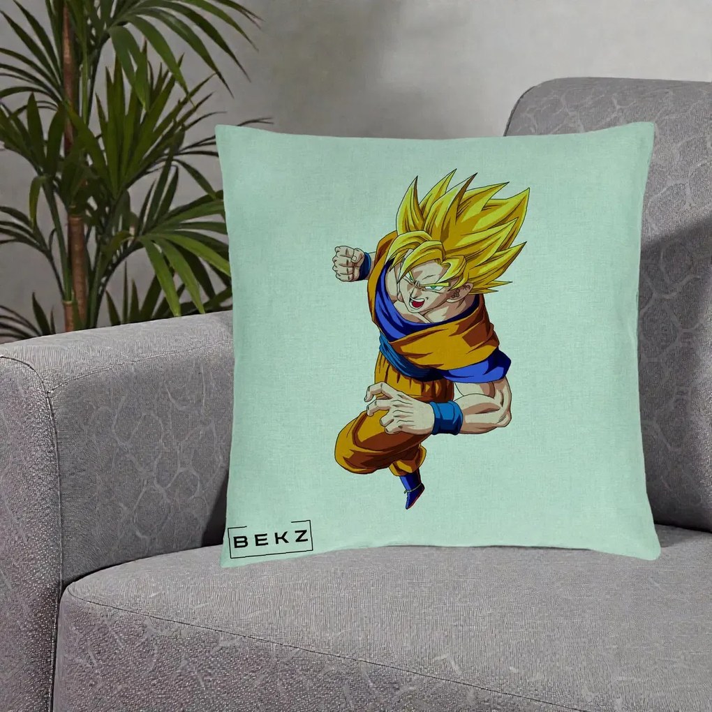 Perna Personalizata Dragon Ball Goku Super Saiyan 2 Lupta, 40x40 cm, Verde Menta, Husa Detasabila, Perna Inclusa, BEKZ®