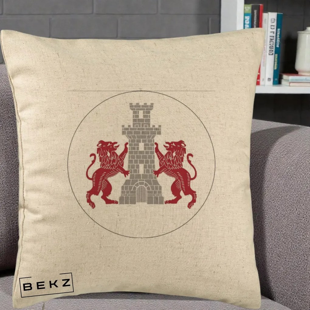 Perna Personalizata Cetatea Turnu Magurele Heraldic, 40x40 cm, Bej, Husa Detasabila, Perna Inclusa, BEKZ®