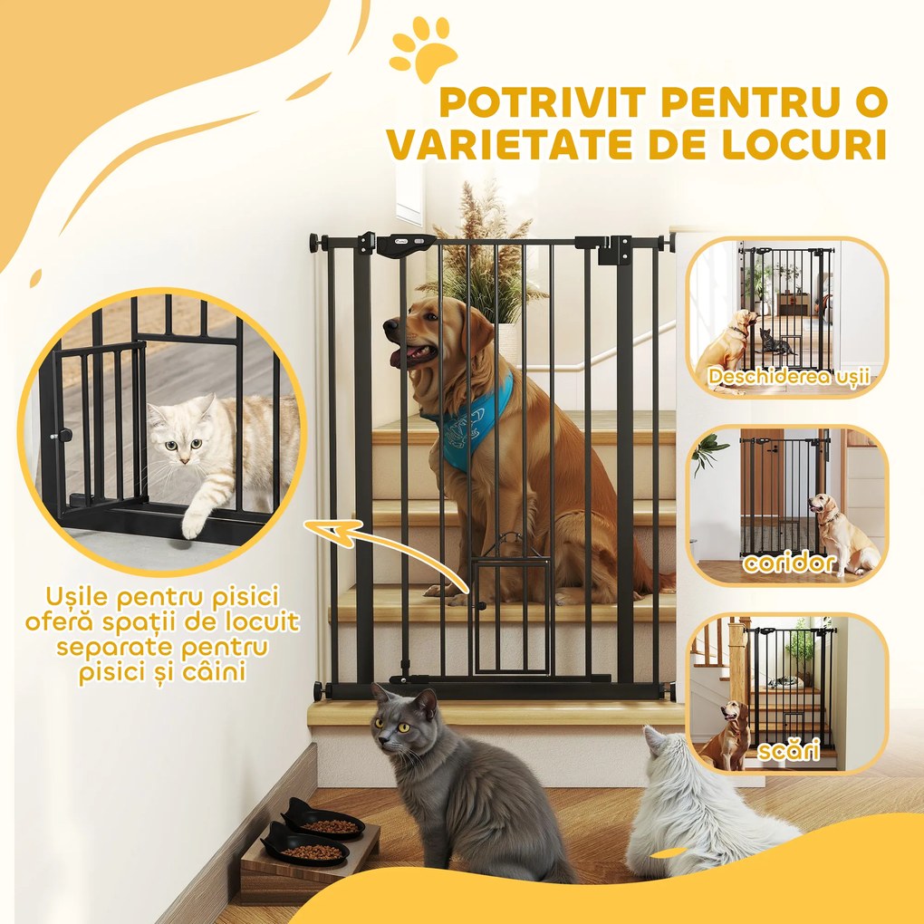 PawHut Poartă Reglabilă pentru Câini cu Ușă Mică și Montare prin Presiune, 74-80x104.1 cm, Negru | Aosom Romania