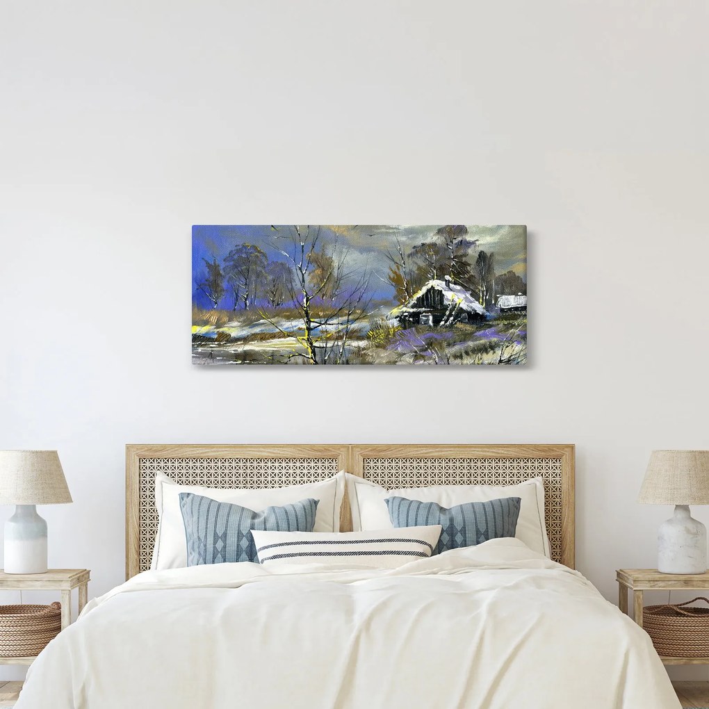 Tablou -Cabane într-un peisaj de iarnă, pictură în ulei (120x50 cm)