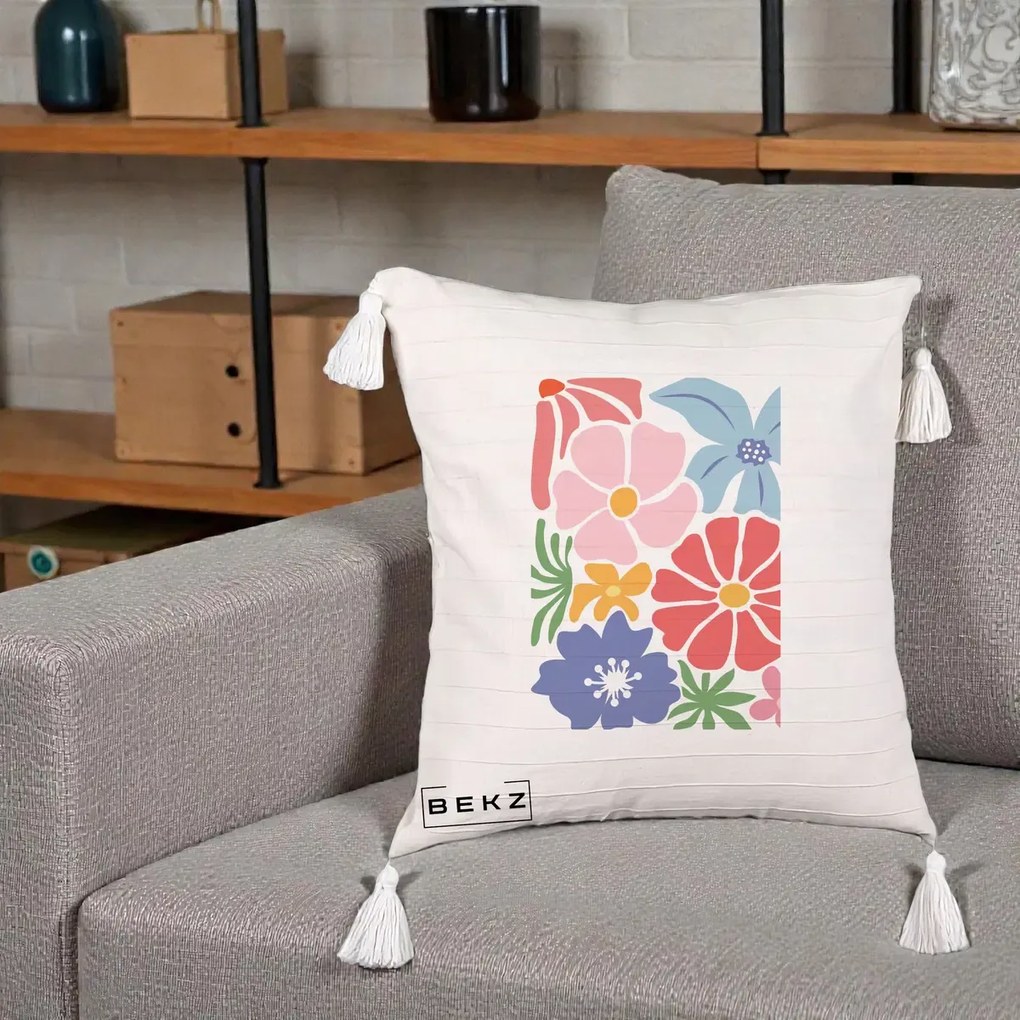 Perna Decorativa Flori Grafice Roz-Rosu-Albastru, 40x40 cm, Bej cu Franjuri, Husa Detasabila, Perna Inclusa, BEKZ®