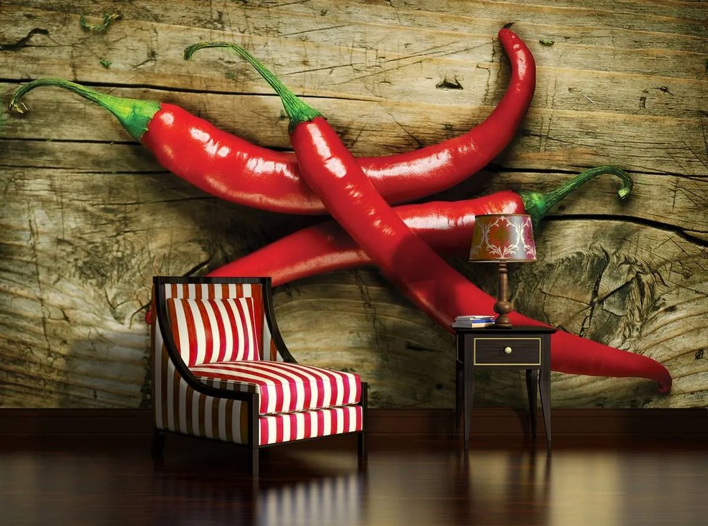 Fototapet - Chili ardei pe scănduri (254x184 cm)