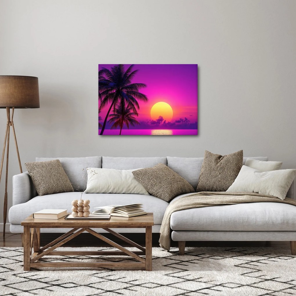 Tablou - Apus violet cu palmier (70x50 cm)