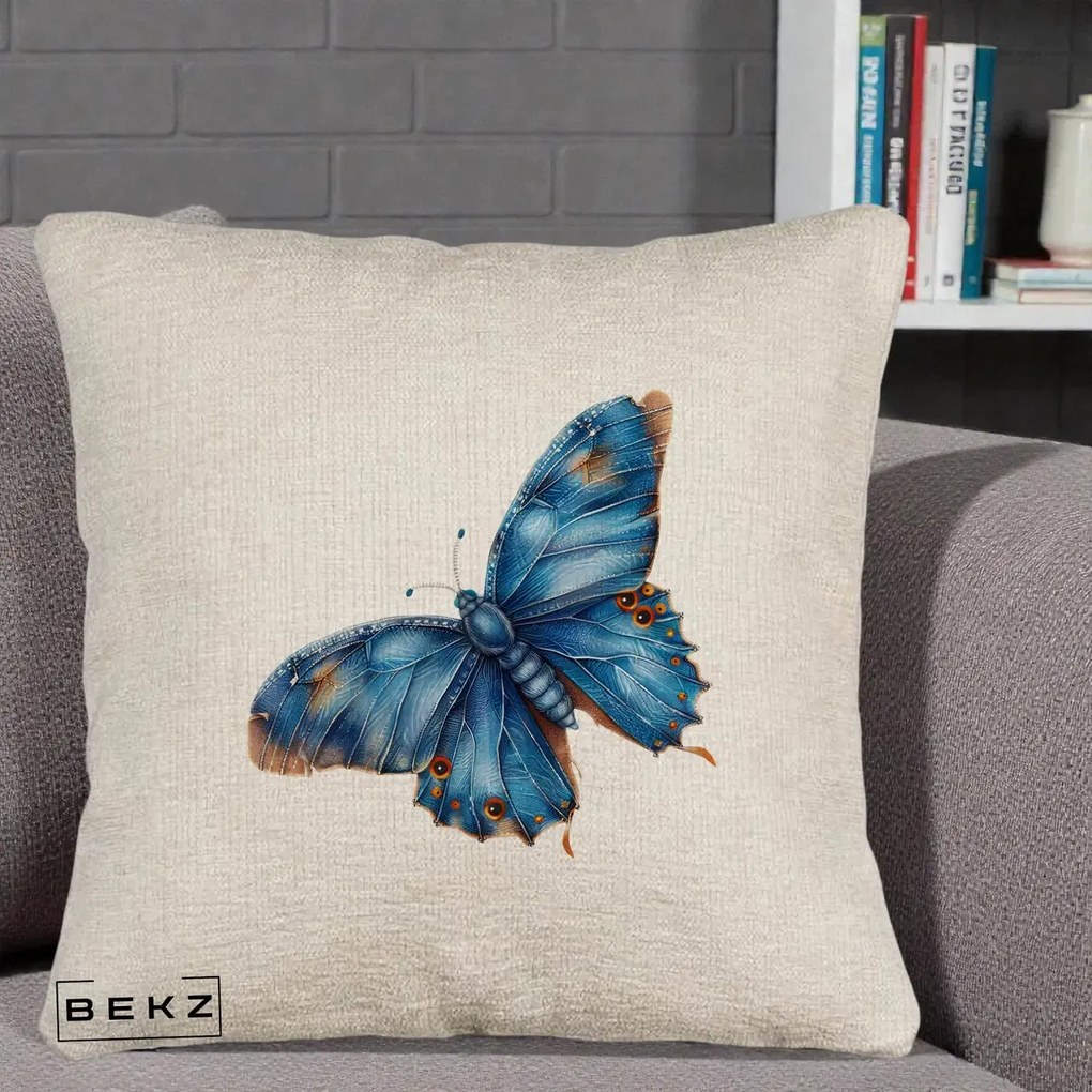 Perna Decorativa Fluture Albastru Satin cu Pete Aurii, 40x40 cm, Bej Canapea, Husa Detasabila, Perna Inclusa, BEKZ®
