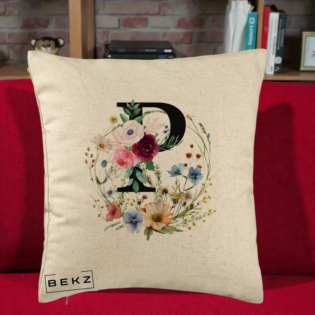 Cadou Personalizat - Perna Personalizata Monogram Litera P cu Flori Acuarela, 40x40 cm, Bej, Husa Detasabila, Perna Inclusa, BEKZ®
