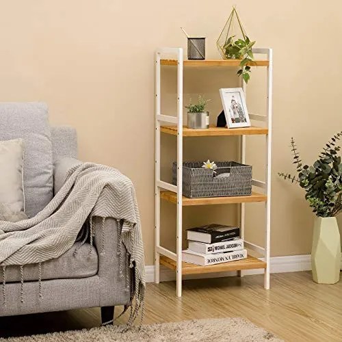 Etajera Multifunctionala cu 4 Rafturi, Bambus, Alb / Natur, Vasagle, BCB74WN
