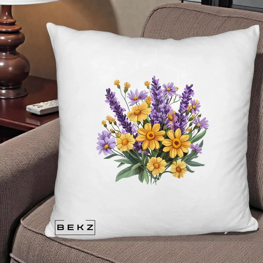 Perna Decorativa Lavanda cu Margarete Galbene si Lila, 40x40 cm, Alb Pufos, Husa Detasabila, Perna Inclusa, BEKZ®