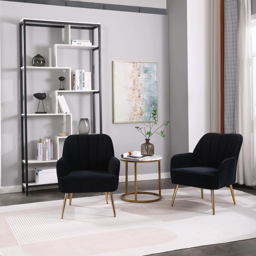Set de 2 fotolii de living din catifea, Design ergonomic, Negru