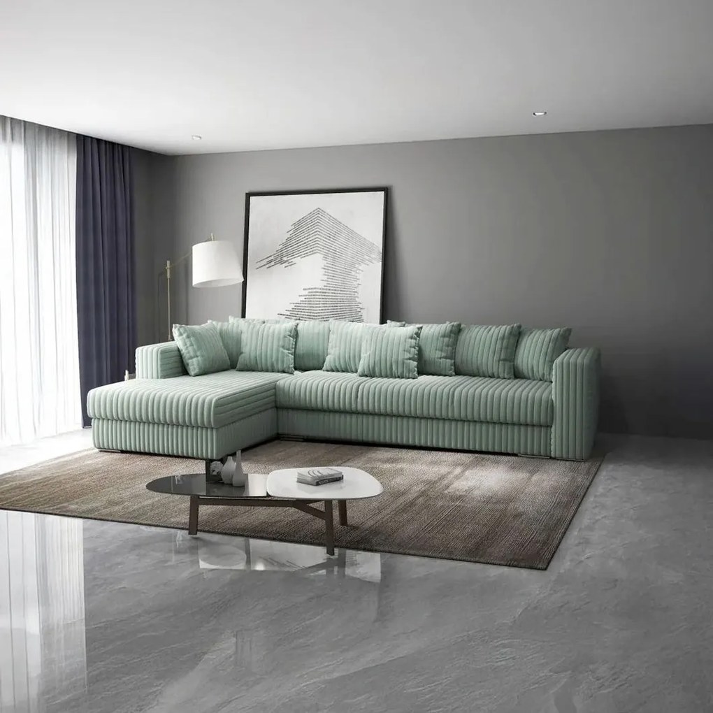 Colțar extensibil dumonde cu ladă de depozitare si sezut confortabil din spuma high-density, Gloria Ambience Mint 320x183 cm