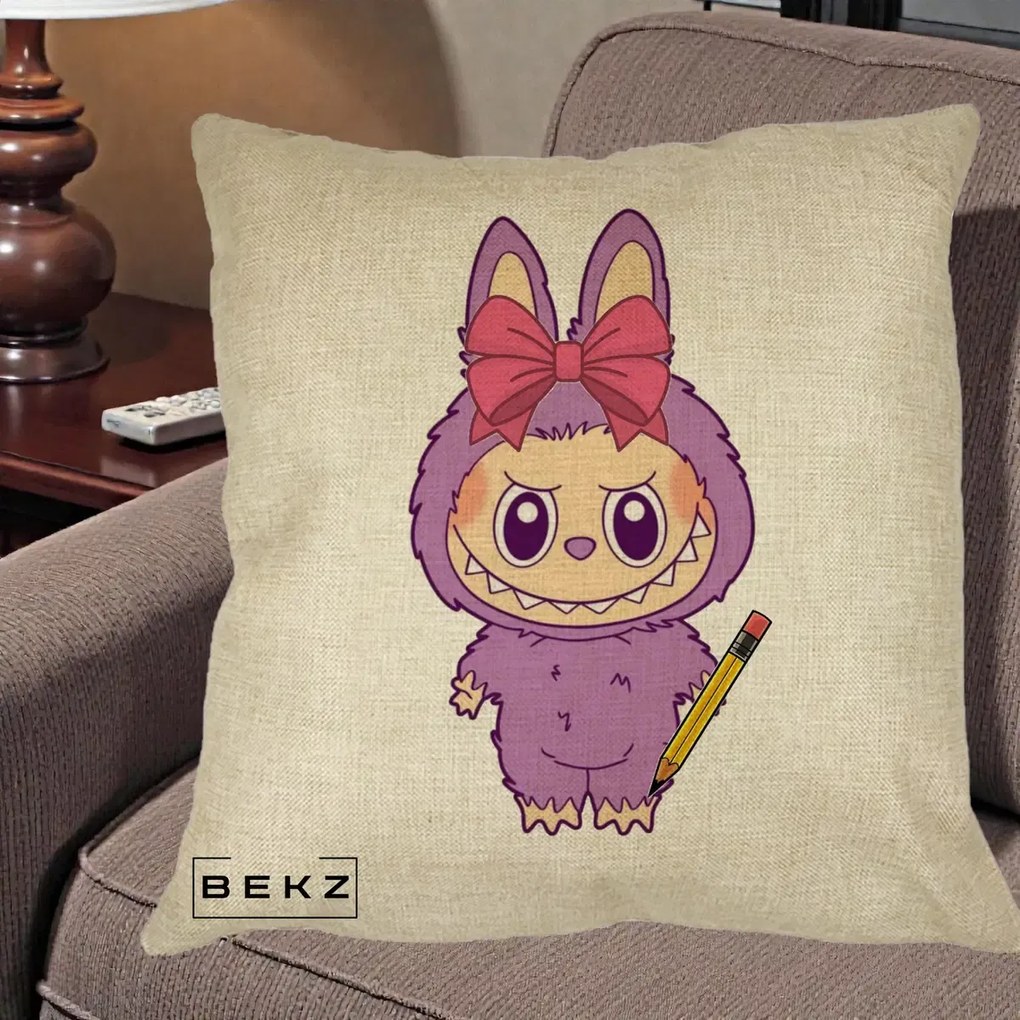 Perna Personalizata Labubu Mov cu Funda Rosie si Creion, 40x40 cm, Crem, Husa Detasabila, Perna Inclusa, BEKZ®