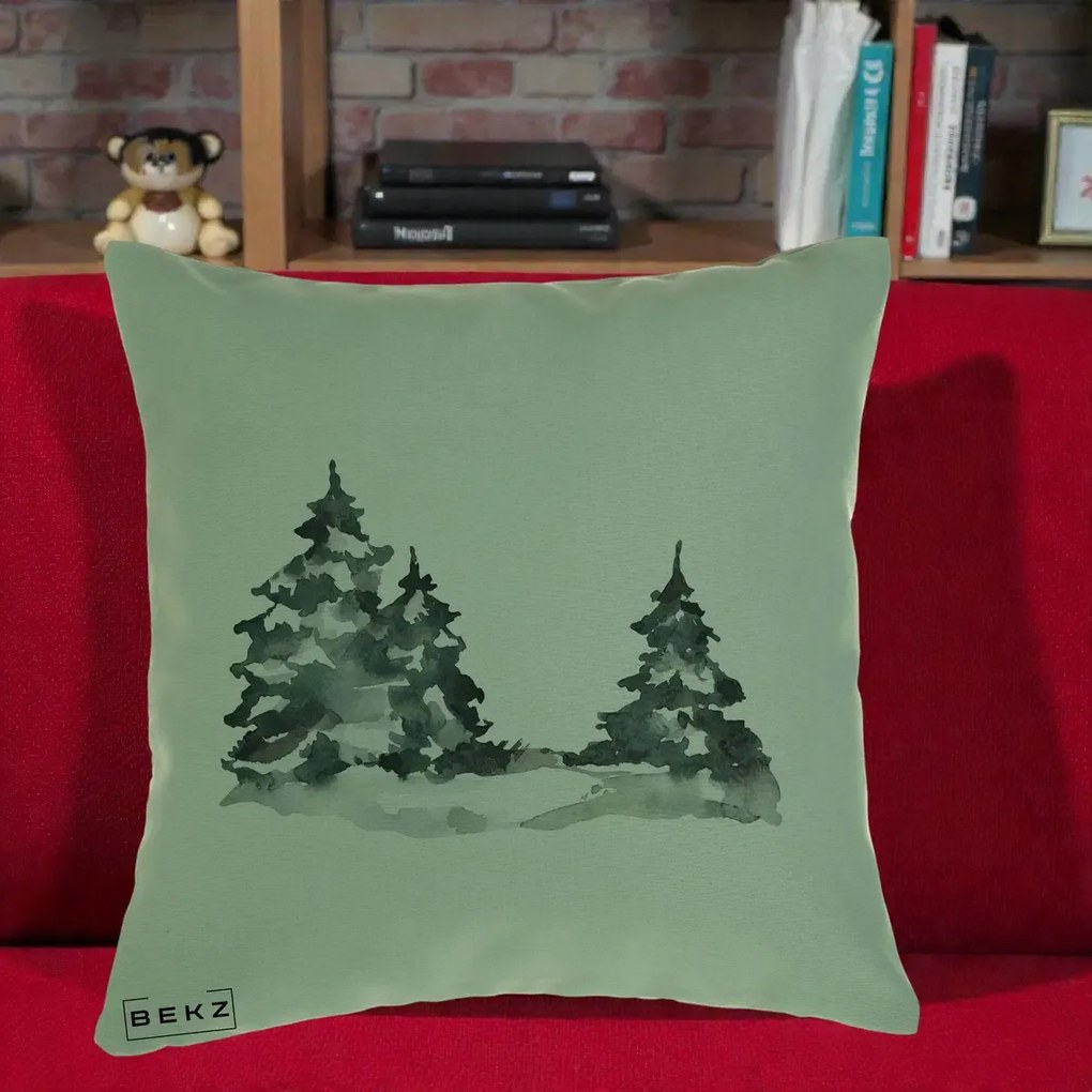 Perna Decorativa Brazi Inzapeziti Acuarela, 40x40 cm, Verde, Husa Detasabila, Perna Inclusa, BEKZ®