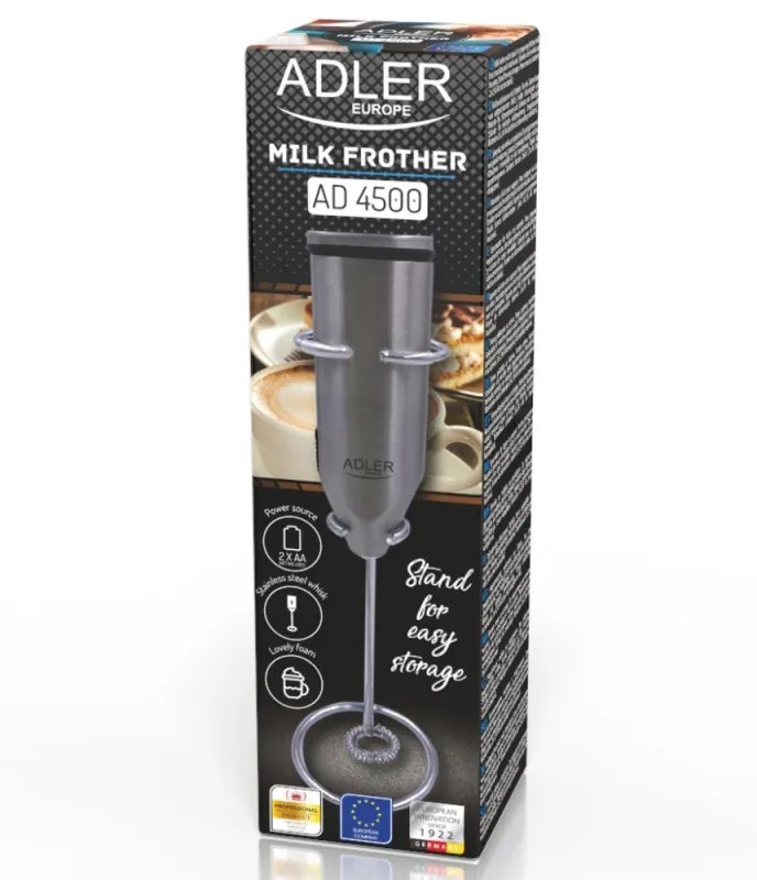 Mixer Frappe Adler AD 4500, Agitator și corp din oțel inoxidabil, 2xAA, Argintiu