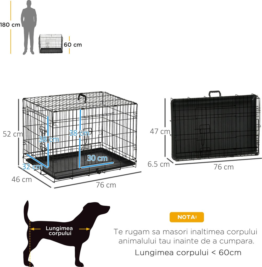 Cusca de transport pentru animale cu 2 usi cu inchidere de siguranta dubla, fir de otel si ABS 76×46×52cm Negru PawHut | Aosom Romania