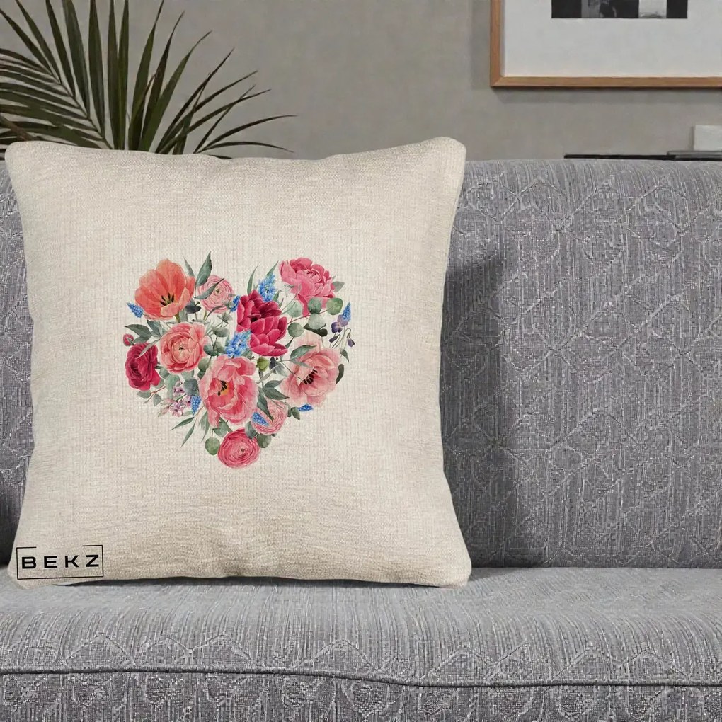 Perna Decorativa Inima din Bujori Acuarela, 40x40 cm, Bej Canapea, Husa Detasabila, Perna Inclusa, BEKZ®