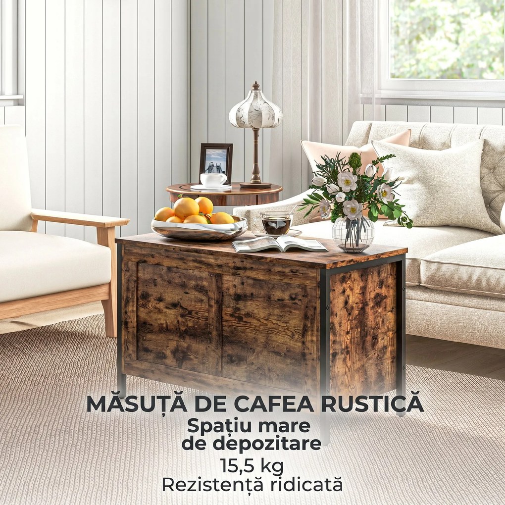 HOMCOM Bancă de Depozitare de 95L în Stil Industrial cu Capac cu Balamale de Siguranță, 80x40x49 cm, Maro Rustic | Aosom Romania