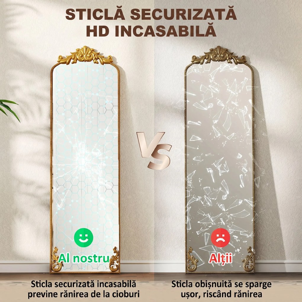 HOMCOM Oglindă de Podea Stil Baroc, 50x160 cm Oglindă de Perete și Autoportantă cu Ramă Metalică, pentru Dormitor, Living și Hol, Auriu | Aosom Romania