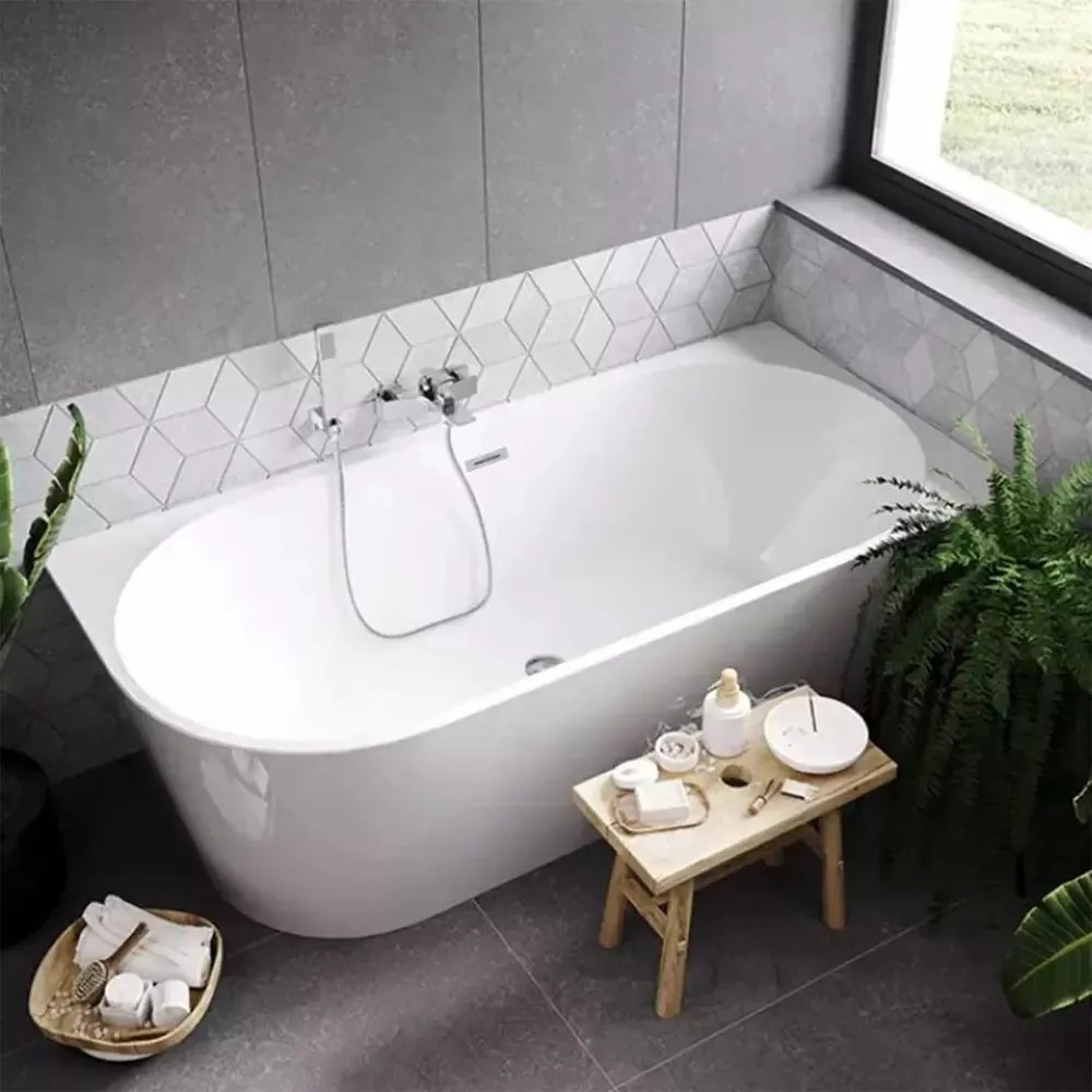 Cada freestanding Rea Sydney 160x75 cm alb lucios cu montaj dreapta lipita de perete, BTW