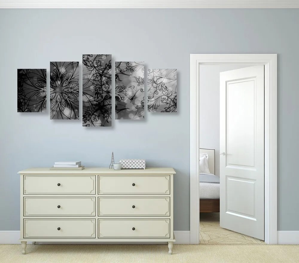 Tablou 5-piese Mandale florală în design alb-negru