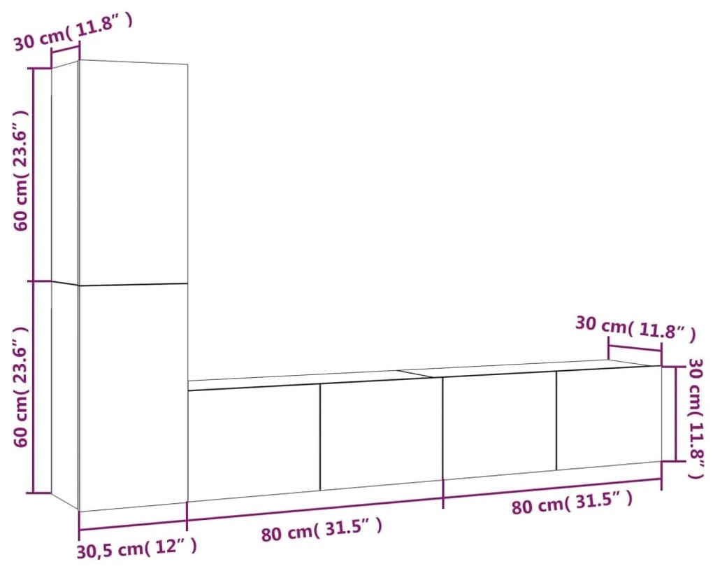 Set dulap TV, 4 piese, gri beton, lemn prelucrat 4, Gri beton, 80 x 30 x 30 cm