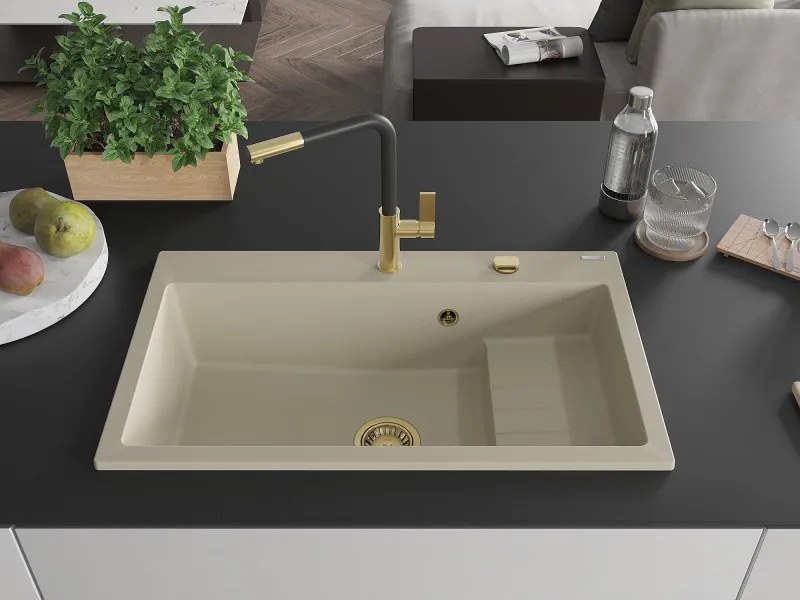 Mexen Omar chiuvetă de bucătărie din granit cu 1 cuvă 800 x 480 mm, bej, sifon auriu - 6520801005-69-G
