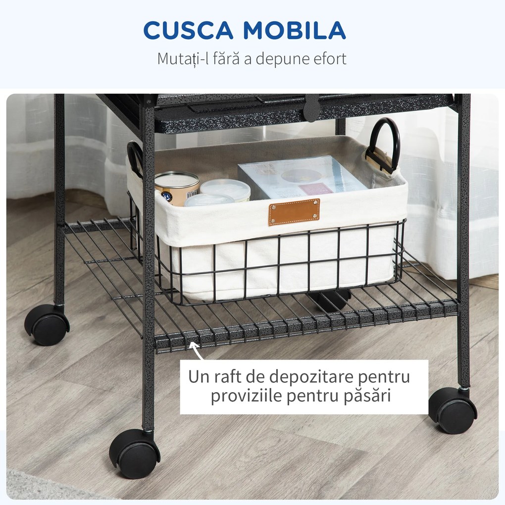 PawHut Colivie pentru Perusi cu 2 Stinghii de Lemn si Scara Acuita, Cusca pentru Pasari din Otel cu Intrari Multiple, 62.5x62.5x156 cm, Gri