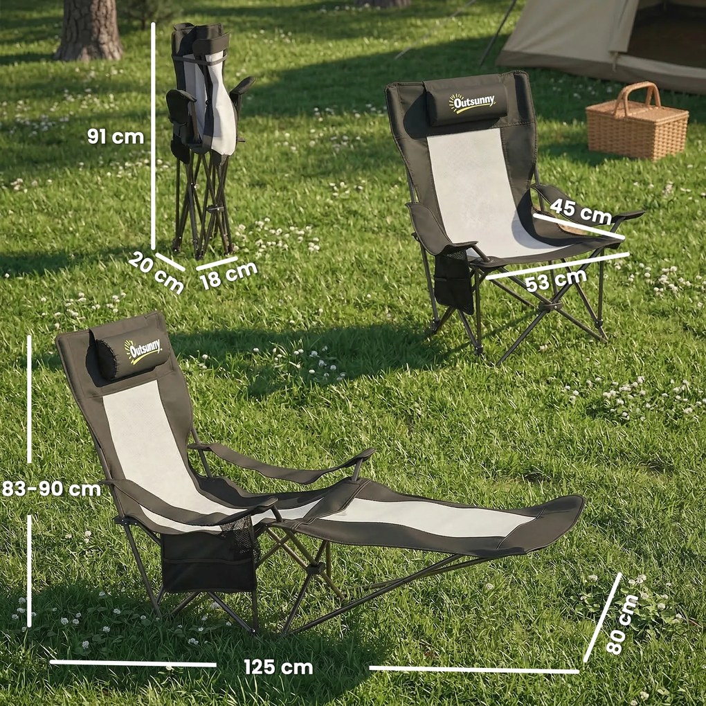 Outsunny Set de 2 Scaune Pliabile Rabatabile pentru Camping cu Suport Picioare Detașabil, Tetieră, Suport Pahar și Husă, Negru | Aosom Romania