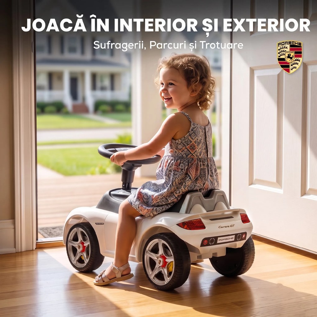 AIYAPLAY Mașinuță de Împins pentru Copii cu Licență Porsche, Claxon, Faruri și Sunet de Pornire, PP, Alb | Aosom Romania